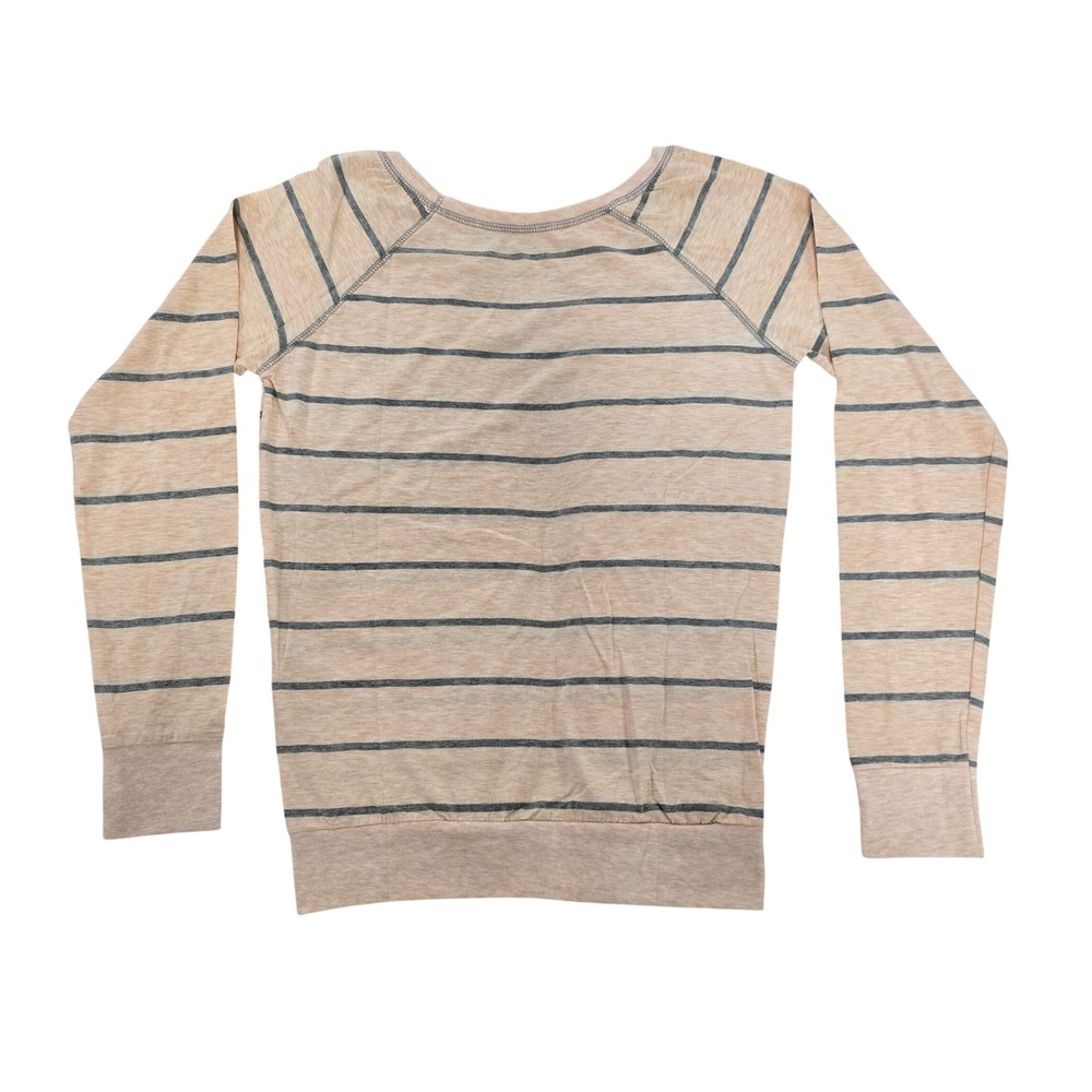 Poof! Womens Peach Grey Striped Long Sleeve Scoop Neck Top NWT Size L - Picture 2 of 6